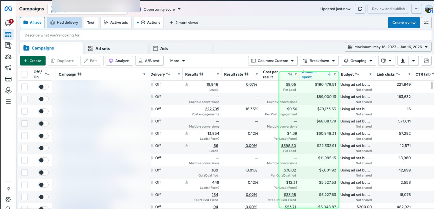 Live ad-account performance, client names blurred for privacy