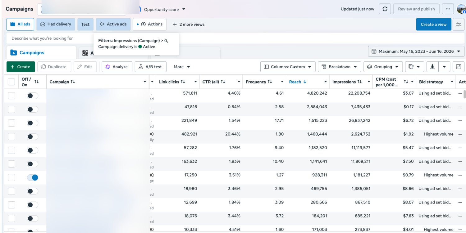 Live ad-account performance, client names blurred for privacy